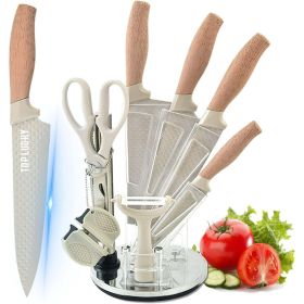 Kitchen Knife Set, 8-Pieces Khaki Sharp Chef Knife Set with Block, Knife Block Set with Diamond Grain Non-stick Knife Blade, Stainless Steel Cooking K